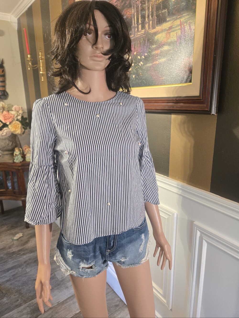 Zara Navy and White Striped Bell-Sleeve Blouse